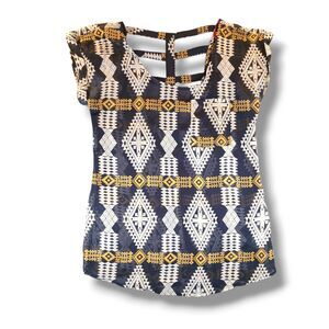 Shasa Multicolor Geometric Print Blouse Cut Out Back Cap Sleeves Bohemian Size S